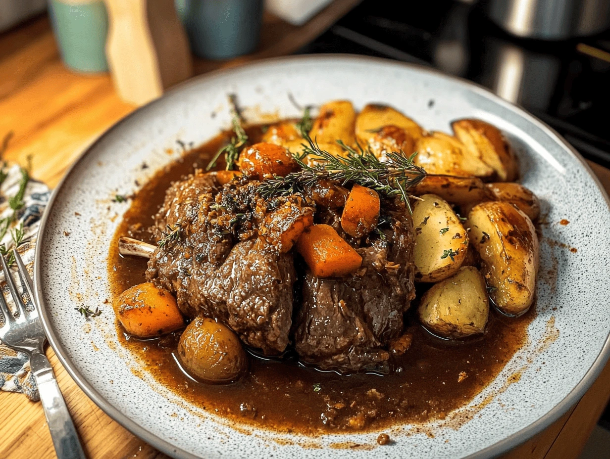 Slow-cooked deer roast served with roasted potatoes and carrots in a rich brown sauce.