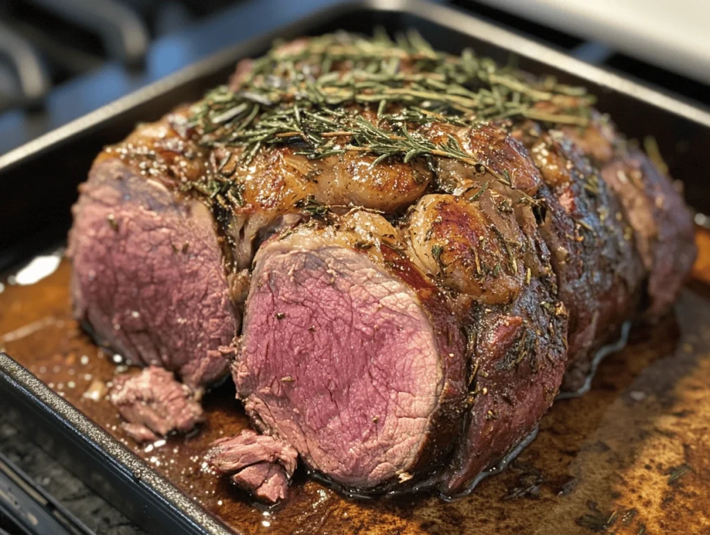 A medium-rare roasted meat dish with a crispy herb crust, topped with fresh rosemary and garlic, resting in a roasting pan