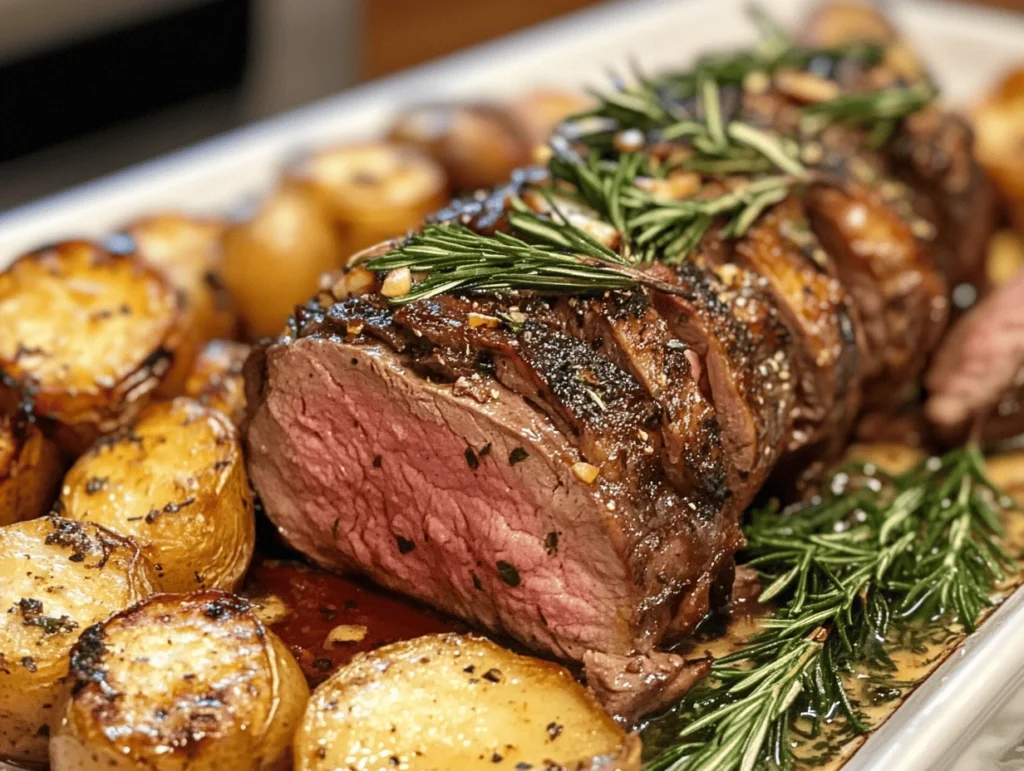 A perfectly roasted venison cut with a pink, juicy center, topped with fresh rosemary and garlic, resting in a roasting pan