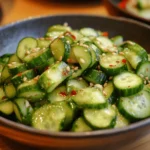 Glossy cucumber slices seasoned with sesame, chili, and garlic in a bowl