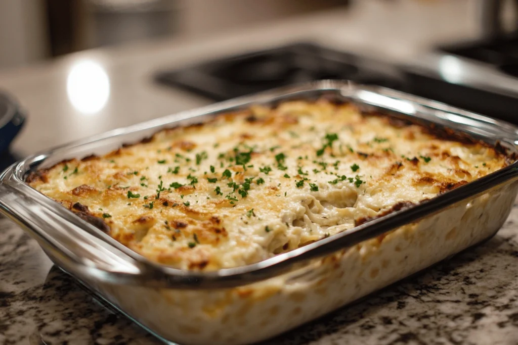 Easy Chicken Tetrazzini Recipe : A freshly baked dish of creamy chicken tetrazzini, topped with melted cheese and garnished with chopped parsley.