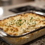 Easy Chicken Tetrazzini Recipe : A freshly baked dish of creamy chicken tetrazzini, topped with melted cheese and garnished with chopped parsley.