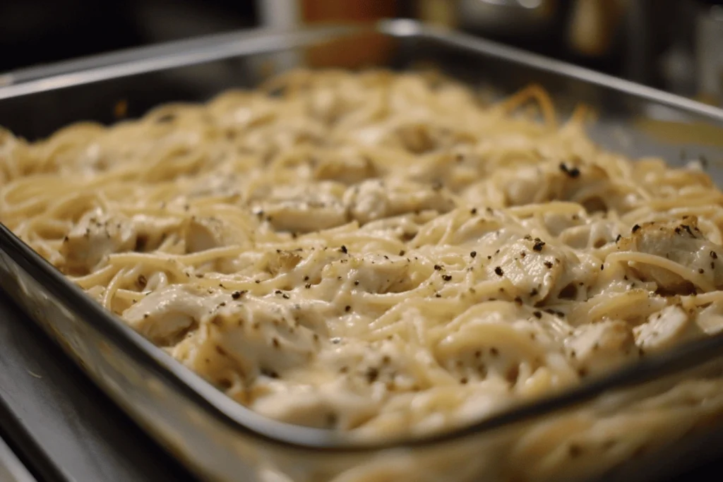 A close-up of a creamy chicken tetrazzini casserole with spaghetti, tender chicken pieces, and a rich, seasoned sauce.