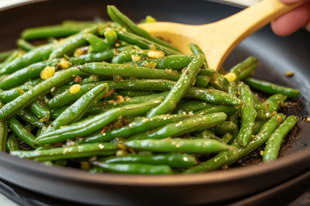 frozen green bean recipes : Sautéed green beans with garlic and seasonings in a pan.