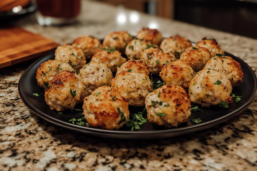 A plate of golden-brown, crispy meatballs garnished with fresh herbs, ready to be served.(frozen meatball recipe)