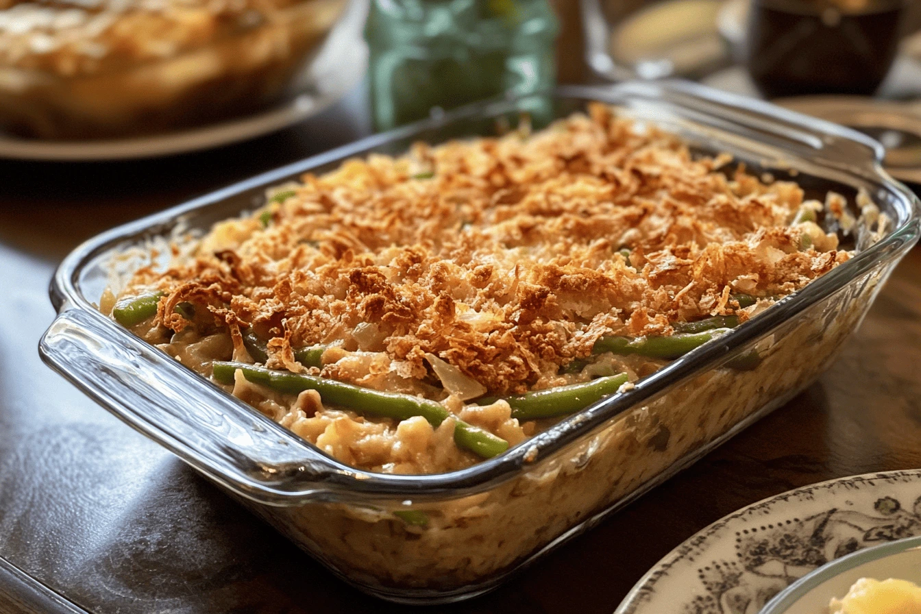 A freshly baked green bean casserole frozen in a glass baking dish, topped with crispy breadcrumbs and green beans, sitting on a stovetop.