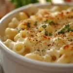 Healthy Mac and Cheese Recipe : A creamy baked mac and cheese dish with a golden-brown breadcrumb topping, garnished with fresh parsley, served in a white ceramic baking dish.