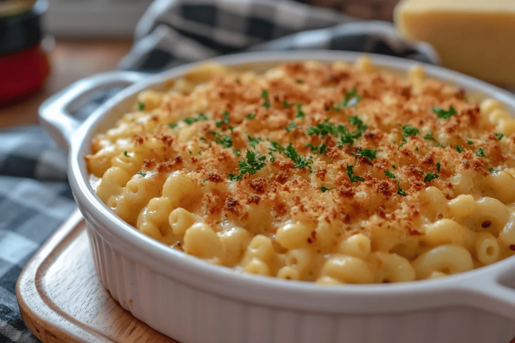 A creamy and golden-brown baked mac and cheese dish garnished with fresh herbs, served in a white ceramic dish.