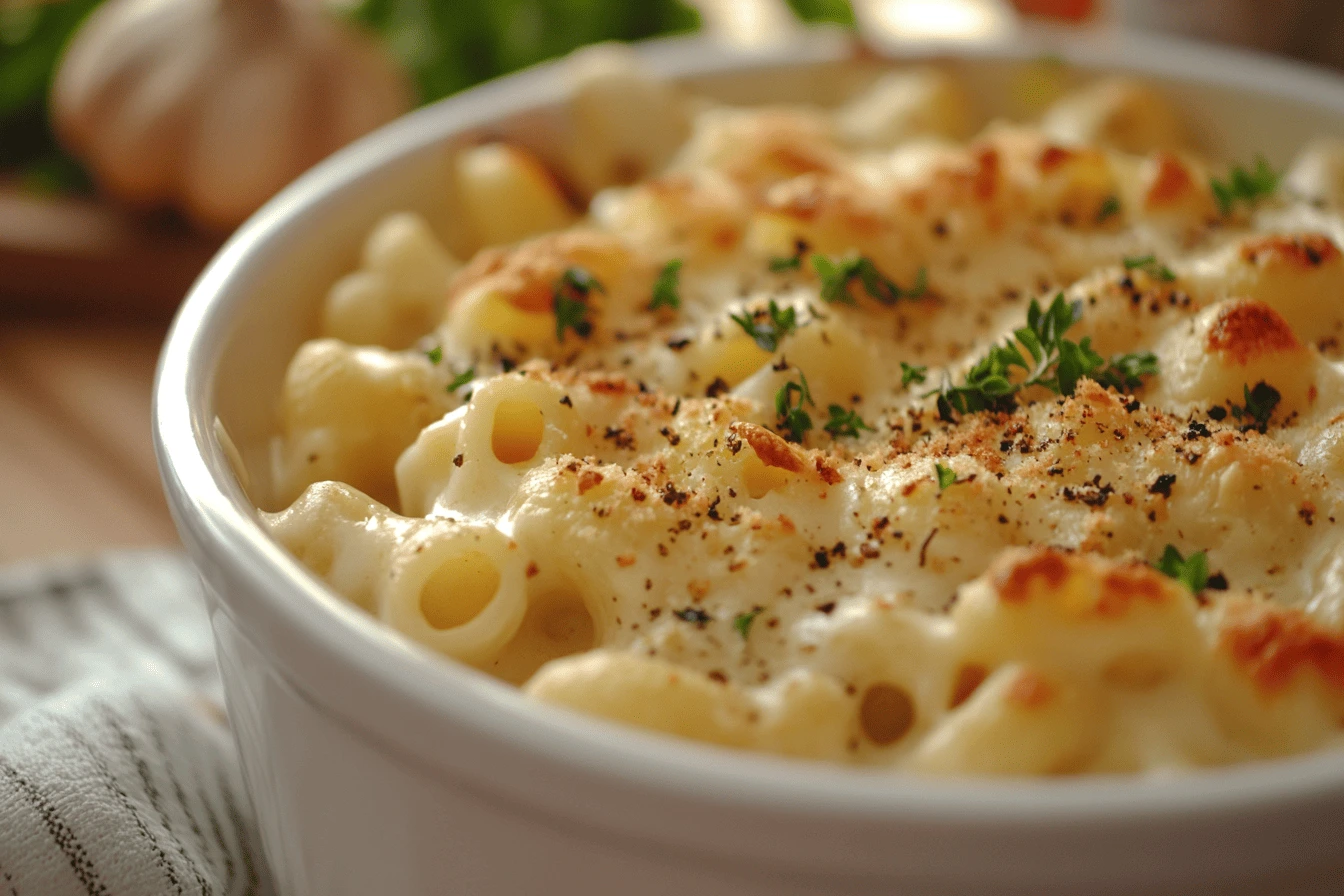 Healthy Mac and Cheese Recipe : A creamy baked mac and cheese dish with a golden-brown breadcrumb topping, garnished with fresh parsley, served in a white ceramic baking dish.