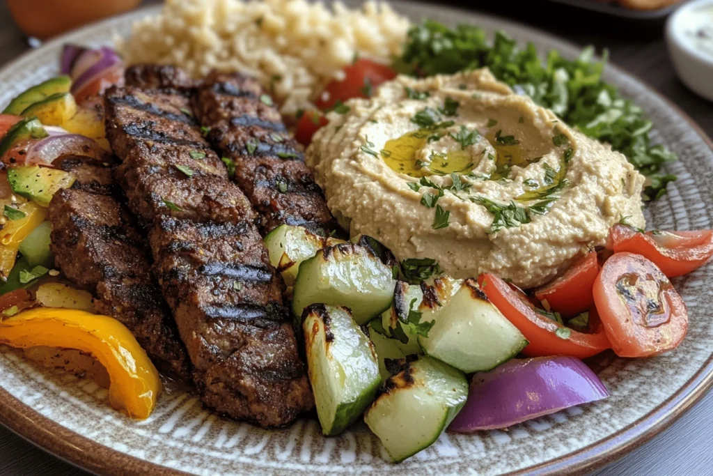 hummus mediterranean grill :A Mediterranean plate with grilled kebabs, hummus, grilled vegetables, and rice.