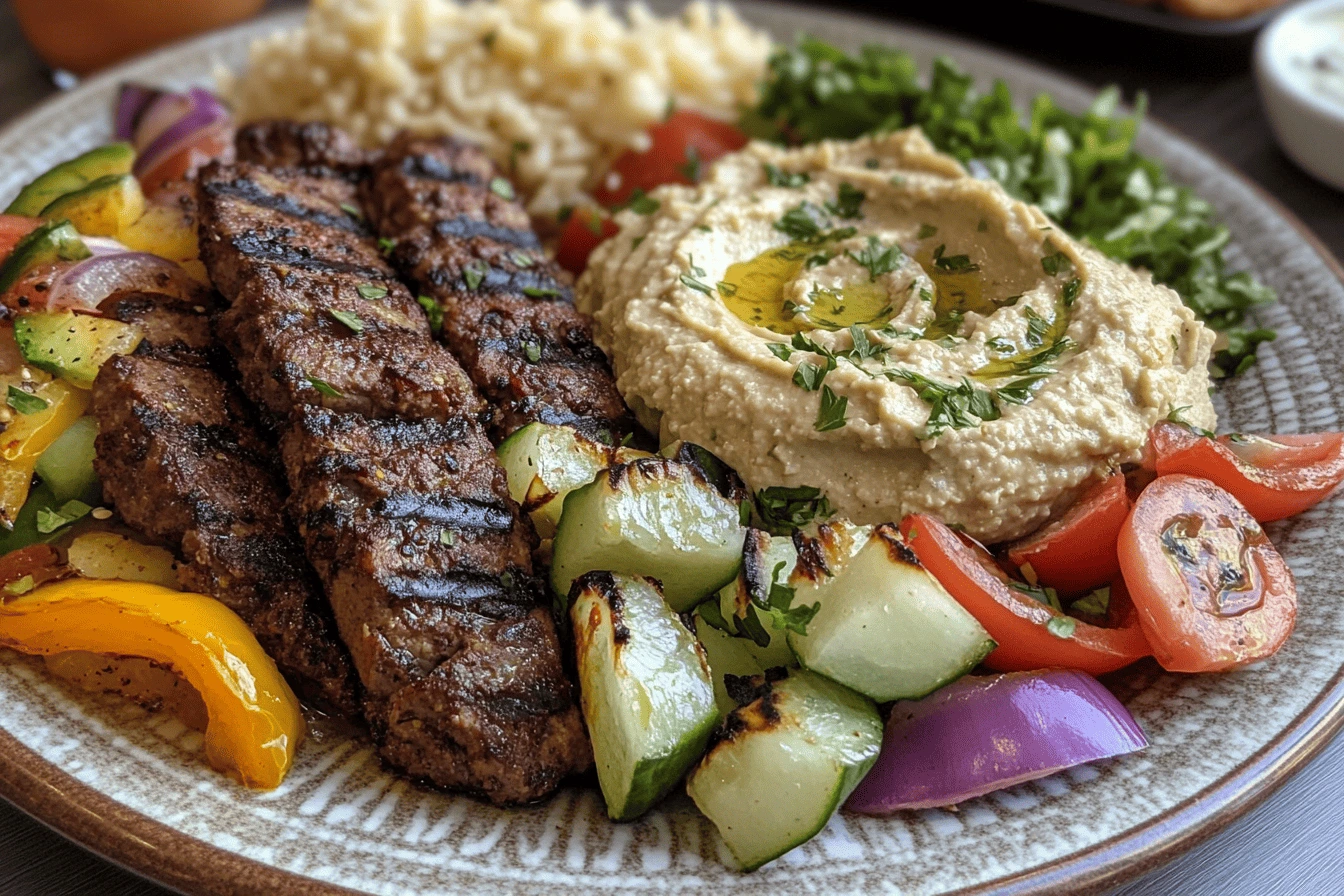 hummus mediterranean grill :A Mediterranean plate with grilled kebabs, hummus, grilled vegetables, and rice.