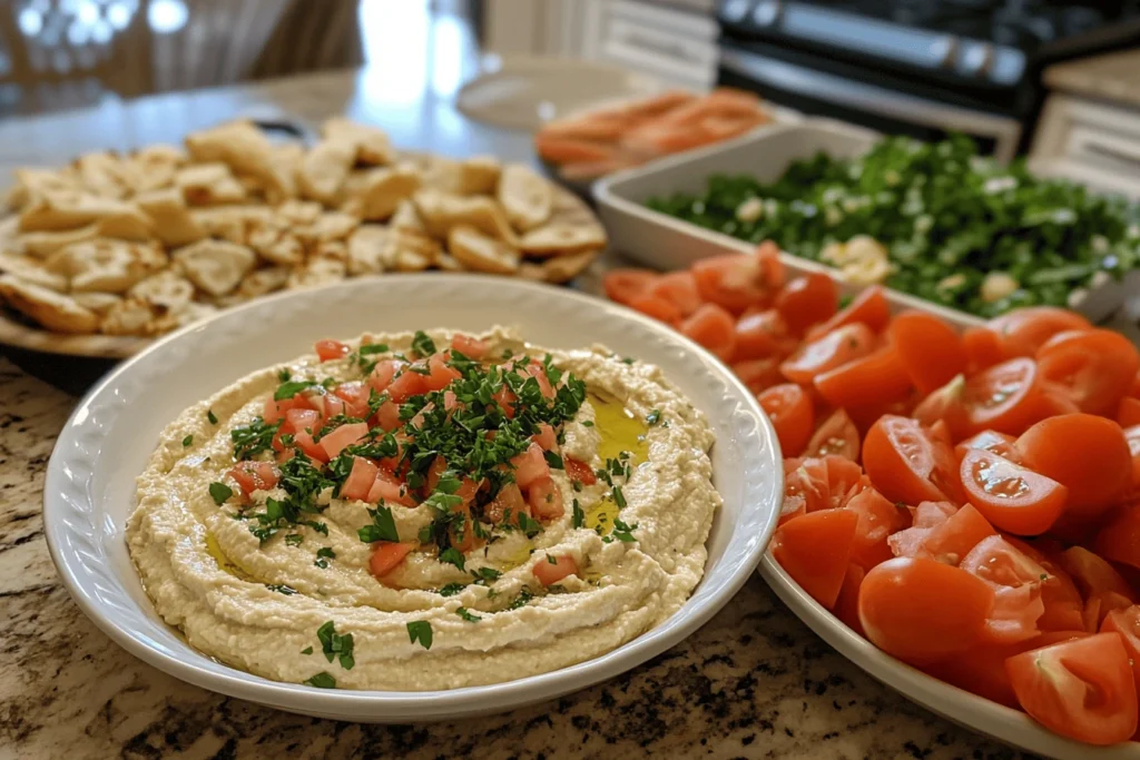 A bowl of creamy hummus topped with olive oil, diced tomatoes, and parsley, surrounded by pita bread and fresh vegetables