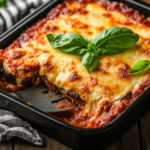 A delicious Italian eggplant dish with fresh herbs, tomatoes, and melted cheese, served on a rustic wooden plate.