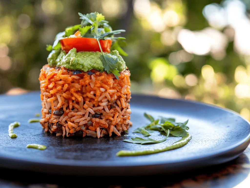 A gourmet presentation of Mexican red rice, topped with guacamole, fresh tomatoes, and cilantro, served on a black plate.