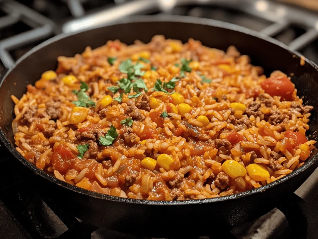 A skillet filled with Mexican red rice, cooked with ground beef, corn, tomatoes, and garnished with fresh cilantro