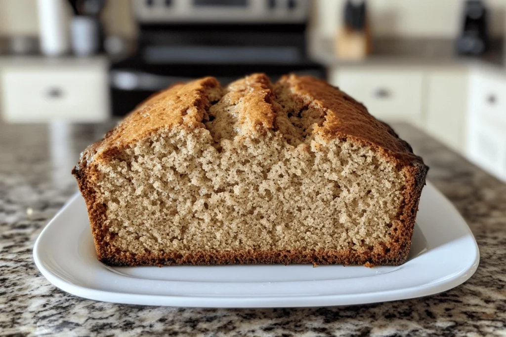 Moist banana bread recipe with oil : A freshly baked moist banana bread loaf, sliced open to reveal its soft and fluffy texture, sitting on a white plate in a home kitchen.