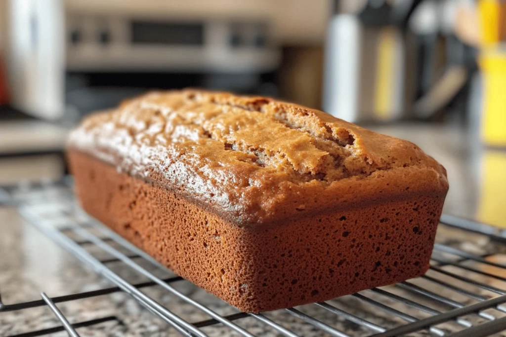 A freshly baked moist banana bread loaf cooling on a wire rack, with a golden-brown crust and a perfectly cracked top.