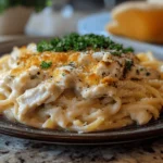 Old Fashioned Chicken Tetrazzini Recipe : A plate of creamy, old-fashioned chicken tetrazzini, topped with crispy breadcrumbs, fresh parsley, and grated cheese.