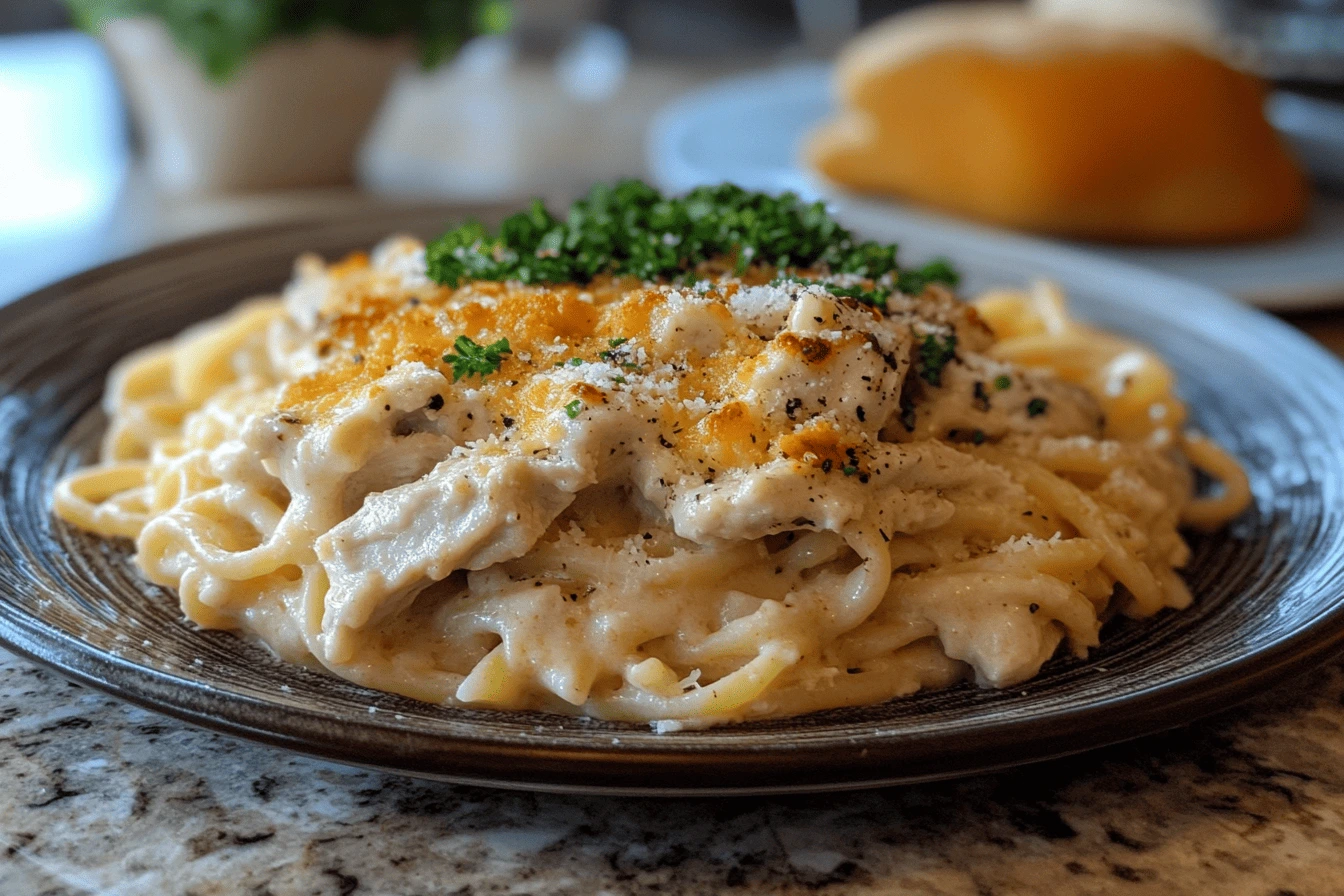 Old Fashioned Chicken Tetrazzini Recipe : A plate of creamy, old-fashioned chicken tetrazzini, topped with crispy breadcrumbs, fresh parsley, and grated cheese.