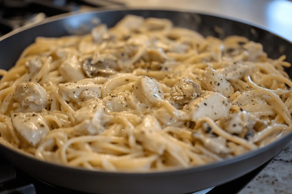 A creamy old-fashioned chicken tetrazzini dish in a pan, featuring tender chicken, mushrooms, and spaghetti in a rich sauce.