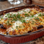 A freshly baked dish of Olive Garden eggplant parmesan, topped with melted cheese and garnished with chopped parsley.