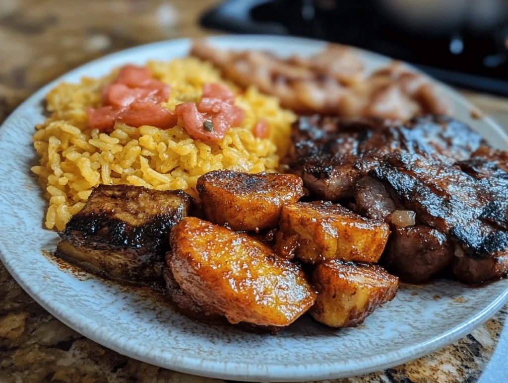 A plate of Puerto Rican cuisine featuring grilled steak, fried plantains, crispy potatoes, and yellow rice with tomatoes.