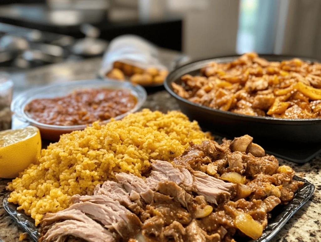 A traditional puerto rican recipes meal with yellow rice, slow-cooked shredded pork, and savory beans, served with lemon and sauce on a granite countertop.