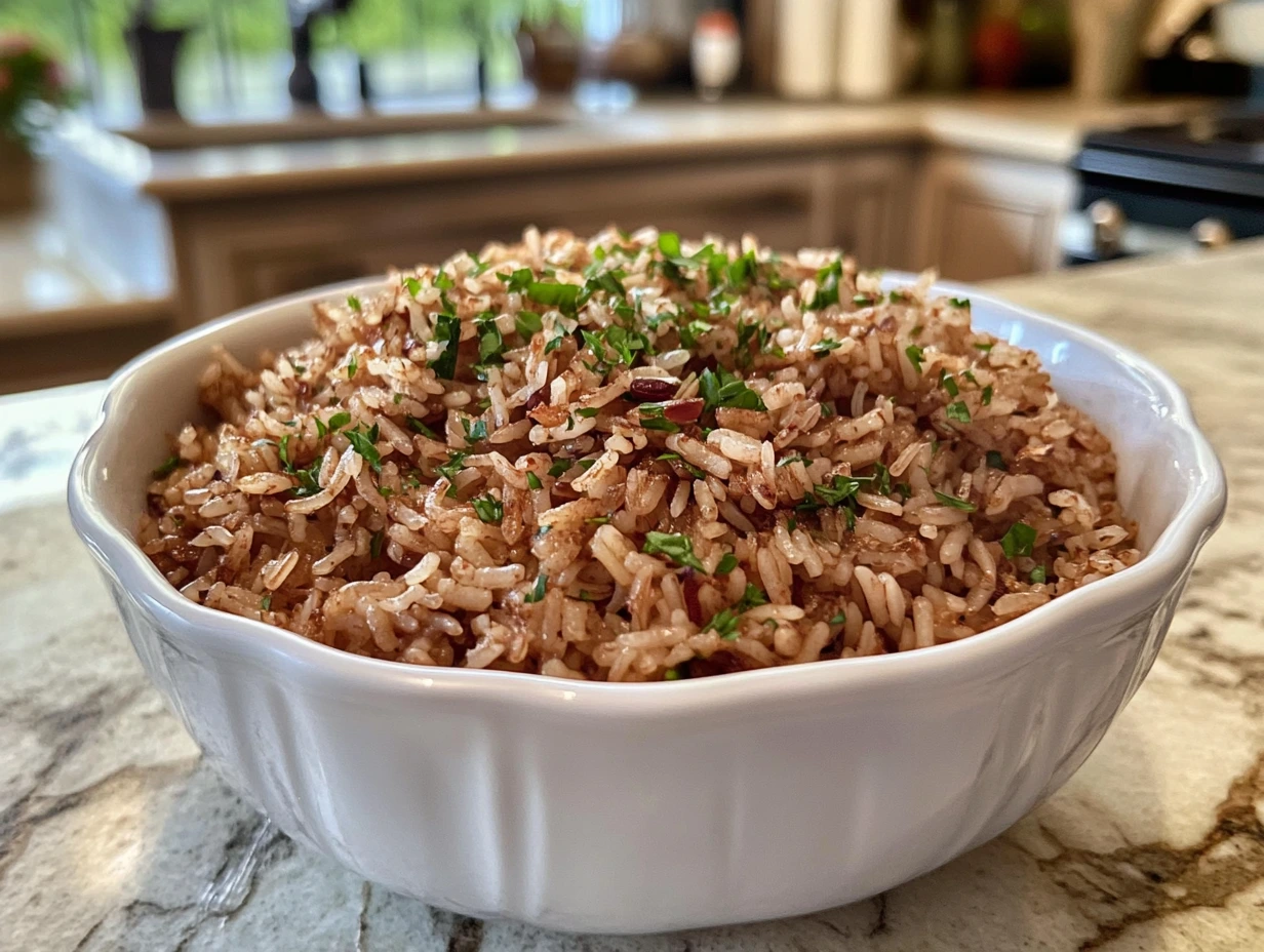 A bowl of seasoned red rice garnished with fresh herbs, placed on a kitchen countertop.