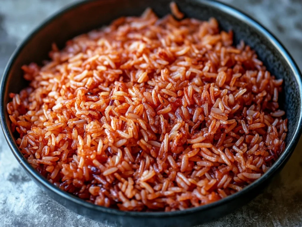  A close-up of a bowl filled with red rice, cooked with a rich tomato-based sauce.