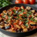 A rustic eggplant casserole in a cast-iron skillet with roasted eggplant, tomatoes, and fresh herbs.