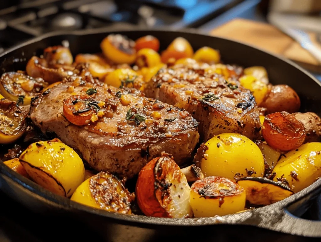 Seared deer roast with golden baby potatoes, cherry tomatoes, and garlic in a cast iron skillet.