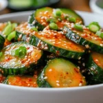 Close-up of spicy Korean cucumber salad (Oi Muchim) with chili flakes, sesame seeds, and green onions in a white bowl