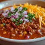 A close-up of a bowl of Texas Roadhouse red chili, garnished with shredded cheddar cheese, diced red onions, and fresh chopped cilantro.