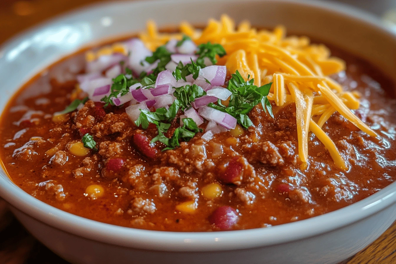 A close-up of a bowl of Texas Roadhouse red chili, garnished with shredded cheddar cheese, diced red onions, and fresh chopped cilantro.