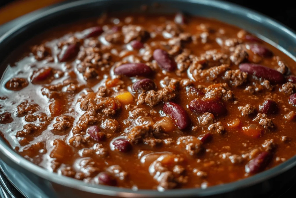 A close-up of a simmering pot of Texas Roadhouse red chili, featuring ground beef, kidney beans, and a rich, savory sauce.