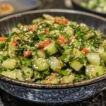 Fresh Japanese smashed cucumber salad with diced tomatoes, herbs, and sesame seeds in a textured blue bowl.