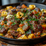 A skillet filled with Philly cheesesteak tortellini made with grilled beef, tomatoes, cheese tortellini, and garnished with parsley.