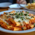 Plate of vegetarian baked ziti topped with melted cheese, basil, and parmesan in a restaurant setting